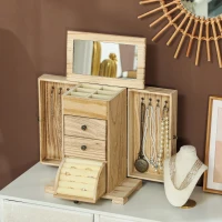 HOMCOM 4-Tier Wooden Jewelry Box for Women, Jewelry Organizer with Mirror and 2 Drawers for Rings Earrings Necklaces, Brown(m-10)
