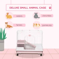 PawHut 2-Level Small Animal Cage Rabbit Hutch with Wheels, Removable Tray, Platform and Ramp for Bunny, Chinchillas, Ferret, Pink(m-4)