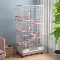 PawHut 32"L 6-Level Small Animal Cage Rabbit Hutch with Universal Lockable Wheels, Slide-out Tray for Bunny, Chinchillas, Ferret, Pink(m-8)