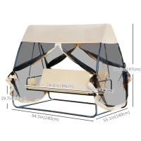 Outsunny 3-Seat Outdoor Swing Chair, Porch Swing, Chaise Lounger Bed, Garden Hammock, Converting Flat Bed with Heavy-Duty Steel Stand, Canopy and Netting Walls, Beige(m-3)