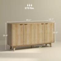 HOMCOM Fluted Sideboard Buffet Cabinet, 55" Coffee Bar Cabinet with 4 Doors, 2 Adjustable Shelves, 5 Wood Legs, Oak(m-3)