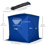 Outsunny 2-4 Person Pop-up Ice Fishing Tent Portable Ice Fishing Shelter with Windproof Windows and Carrying Bag Hub Fish Shelter, Blue(m-3)