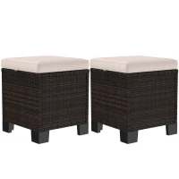Outsunny 2 Piece Wicker Outdoor Ottomans with Cushions, Rattan Ottoman Footrest and Side Table for Patio, Yard, Poolside, Cream(m-1)