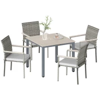 Outsunny 5 Pieces Wicker Outdoor Furniture Set, Rattan Patio Dining Set with Cushions, Umbrella Hole for Garden Backyard, Grey(m-11)