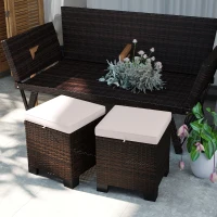 Outsunny 2 Piece Wicker Outdoor Ottomans with Cushions, Rattan Ottoman Footrest and Side Table for Patio, Yard, Poolside, Cream(m-10)
