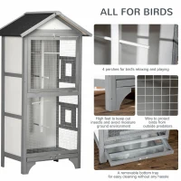 PawHut Wooden Bird Aviary Parrot Cage Pet Furniture with Removable Bottom Tray, 2 Doors, Asphalt Roof, 4 Perches, Light Grey(m-5)