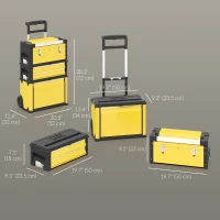 HOMCOM 3-in-1 Tool Box with Wheels, Stackable, Modular Steel Toolbox with Tray, Handles, Latches for Workshop, Garage, Yellow(m-3)