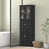 HOMCOM Freestanding Bathroom Cabinet with Glass/Louvred Doors, Tall Bathroom Cabinet for Kitchen, Study, Living Room, Black(m-8)