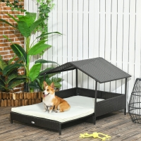 PawHut Rattan Dog House with Canopy, Wicker Dog Bed with Water-Resistant Cushion, for Small and Medium Breeds Cream White