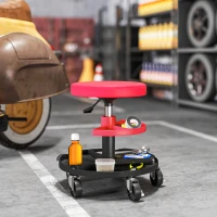 HOMCOM Rolling Garage Stool, 300 LBS Capacity Mechanic Stool with 2.5" Wheels, Tool Trays Storage, Adjustable Height, Red(m-8)