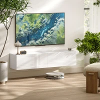 HOMCOM Floating TV Stand with Storage Cupboards for 45, 55, 65in TVs, Wall Mounted TV Console Entertainment Unit, White(m-1)