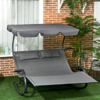 Outsunny Patio Outdoor Bed, Outdoor Chaise Sun Lounger for Two Person with Adjustable Canopy, Detachable Pillows, and Wheels for Sun Room, Garden, Poolside, Dark Gray(m-1)