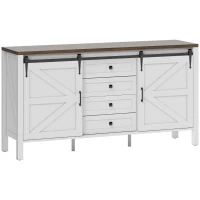 HOMCOM 59" Buffet Cabinet, Farmhouse Sideboard with Thick Top, 2 Barn Doors, 4 Drawers and 2 Adjustable Shelves, White(m-1)