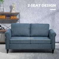 HOMCOM Vintage Loveseat, Upholstered Love Seat Furniture, Fabric 2 Seater Sofa with Rolled Arms, Rubber Wood Legs, Dark Blue(m-6)