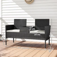 Outsunny Patio Furniture w/ Mid-Table PE Rattan Loveseat w/ Cushion, Cream White(m-3)