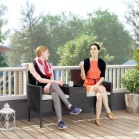 Outsunny Patio Furniture w/ Mid-Table PE Rattan Loveseat w/ Cushion, Cream White(m-9)