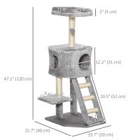 PawHut 47" Tall Cat Tree Tower with Condo, Ladder, Scratching Posts and Hanging Ball, Light Grey(m-3)