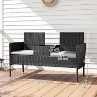 Outsunny Patio Furniture w/ Mid-Table PE Rattan Loveseat w/ Cushion, Light Grey(m-3)