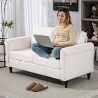 HOMCOM Vintage Loveseat, Upholstered Love Seat Furniture, Chenille-feel Fabric 2 Seater Sofa Couch with Rolled Arms, Gourd-Shaped Rubber Wood Legs for Living Room, Cream White(m-7)