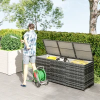 Outsunny 175 Gallon Outdoor Storage Box with Inner Liner, PE Rattan Wicker Deck Box with Pneumatic Bar Lift, Mixed Gray(m-2)