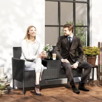 Outsunny Patio Furniture w/ Mid-Table PE Rattan Loveseat w/ Cushion, Light Grey(m-1)