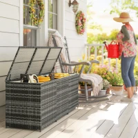 Outsunny 175 Gallon Outdoor Storage Box with Inner Liner, PE Rattan Wicker Deck Box with Pneumatic Bar Lift, Mixed Gray(m-10)