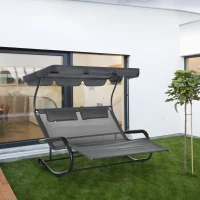 Outsunny Patio Outdoor Bed, Outdoor Chaise Sun Lounger for Two Person with Adjustable Canopy, Detachable Pillows, and Wheels for Sun Room, Garden, Poolside, Dark Gray(m-8)