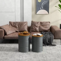 HOMCOM Round Side Table Set of 2, Nesting Coffee Tables w/ Wooden Lid, Galvanized Sheet Frame and Hidden Storage Space, Grey(m-7)