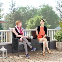 Outsunny Patio Furniture w/ Mid-Table PE Rattan Loveseat w/ Cushion, Light Grey(m-9)