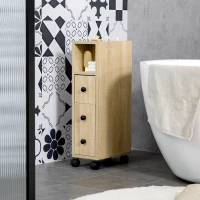 kleankin Freestanding Compact Design Bathroom Cabinet with 2 Open Cabinets, 1 Door Cabinet, 1 Drawer and 4 Rolling Wheels, Oak Grain Color(m-2)