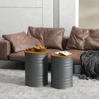 HOMCOM Round Side Table Set of 2, Nesting Coffee Tables w/ Wooden Lid, Galvanized Sheet Frame and Hidden Storage Space, Grey(m-10)