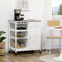 HOMCOM Rolling Kitchen Cart, Bar Cart on Wheels with Wine Rack, Drawer, Open Shelves, Cabinet and Faux Marble Top, Kitchen Island with Storage, White(m-9)