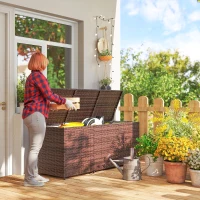 Outsunny 175 Gallon Outdoor Storage Box with Inner Liner, PE Rattan Wicker Deck Box with Pneumatic Bar Lift, Mixed Brown(m-10)