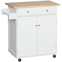 HOMCOM Rolling Kitchen Island with Storage, Kitchen Cart with Rubber Wood Top, Adjustable Shelf, Towel Rack, Hooks and Storage Drawers, White(m-11)
