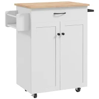 HOMCOM Modern Rolling Kitchen Island Cart with Drawer, Natural Wood Top, Towel Rack, Door Storage Cabinet, Distressed White(m-11)