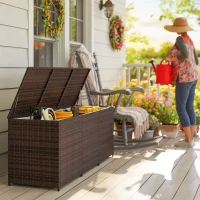 Outsunny 175 Gallon Outdoor Storage Box with Inner Liner, PE Rattan Wicker Deck Box with Pneumatic Bar Lift, Mixed Brown(m-9)
