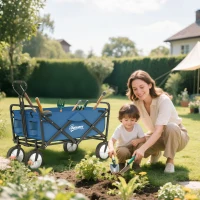 Outsunny Small Collapsible Folding Wagon Cart, Heavy Duty Outdoor Utility Garden Cart with Universal Wheels and Adjustable Handle for Camping Sports Shopping Beach, Navy Blue(m-8)