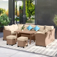 Outsunny 6 Pieces Patio Furniture Set, Outdoor Wicker Sofa Set, All Weather PE Rattan Conversation Furniture, with Strip Wood Grain Plastic Coffee Table & Cushions, Khaki(m-9)