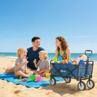 Outsunny Small Collapsible Folding Wagon Cart, Heavy Duty Outdoor Utility Garden Cart with Universal Wheels and Adjustable Handle for Camping Sports Shopping Beach, Navy Blue(m-10)