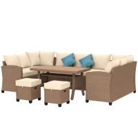 Outsunny 6 Pieces Patio Furniture Set, Outdoor Wicker Sofa Set, All Weather PE Rattan Conversation Furniture, with Strip Wood Grain Plastic Coffee Table & Cushions, Khaki(m-11)
