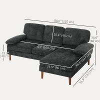 HOMCOM Modern Corner Couch with Right Chaise Lounge, Tufted 3-Seater Sofa with Wooden Legs for Living Room, Black(m-3)