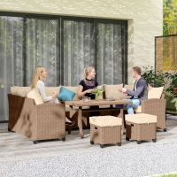 Outsunny 6 Pieces Patio Furniture Set, Outdoor Wicker Sofa Set, All Weather PE Rattan Conversation Furniture, with Strip Wood Grain Plastic Coffee Table & Cushions, Khaki