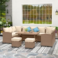 Outsunny 6 Pieces Patio Furniture Set, Outdoor Wicker Sofa Set, All Weather PE Rattan Conversation Furniture, with Strip Wood Grain Plastic Coffee Table & Cushions, Khaki(m-8)