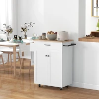 HOMCOM Modern Rolling Kitchen Island Cart with Drawer, Natural Wood Top, Towel Rack, Door Storage Cabinet, Distressed White(m-8)