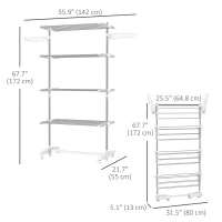 HOMCOM Garment Drying Rack Stainless Steel Folding Clothes Hanging Rack with Side Wings Castors for Indoor Outdoor White(m-3)