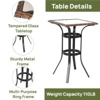 3-Piece Outdoor Bar Stools Set with Rattan Bar Chairs, Glass Table, Steel Frame, Perfect for Backyard, Garden, Pool, Balcony, Deck, Brown(m-8)