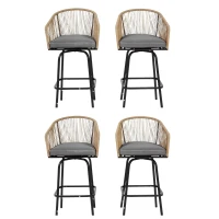 Set of 4 Outdoor Bar Stools with Armrests and Backrest, All Weather PE Rattan Bar Chairs with Steel Frame, 23" L x 17.5" W x 44" H, Gray(m-2)