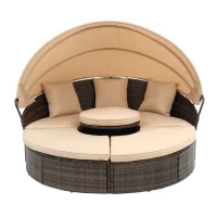Outdoor Wicker Sofa Bed with Retractable Canopy, All-Weather Rattan Daybed with Washable Cushions and Lift Coffee Table, 64" L x 64" W x 55" H, Beige+Black(m-11)