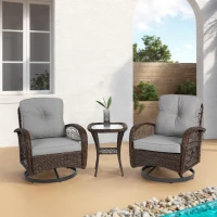3-Piece Outdoor Swivel Rocker Patio Chairs Set with Cushions, Tempered Glass Table, 360° Rocking Conversation Set with Steel Frame, Grey(m-1)