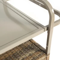 Outdoor Bar Table with Steel Top, Lockable Wheels, Side Basket, Wicker Bar Cart with Cabinet, Rounded Handle, 51.5" L x 19.5" W x 36" H, Beige(m-5)